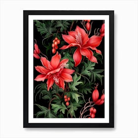 Christmas Cactus 1 William Morris Style Winter Florals Art Print