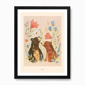 Folksy Floral Animal Drawing Bear Poster Art Print