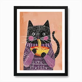 Black Cat Eating Pasta Folk Illustration 2 Art Print