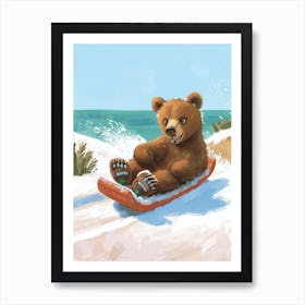 Brown Bear Cub Sledding Down A Snowy Hill Storybook Illustration 3 Art Print