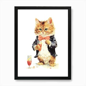 Vintage Smart Cat With A Drink Kitsch Art Print