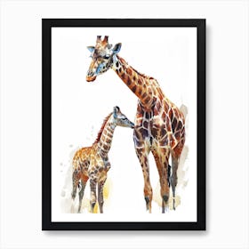 Giraffe Mother & Calf Watercolour 3 Art Print