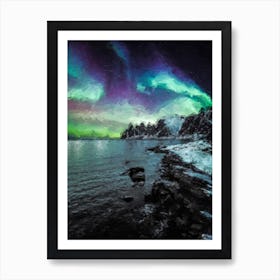 Northern Lights Over The River Oil Painting Landscape Art Print