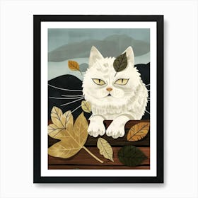 White Cat With Autumn Leaves Art Print