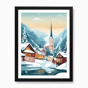 Vintage Winter Travel Illustration Hallstatt Austria 1 Art Print