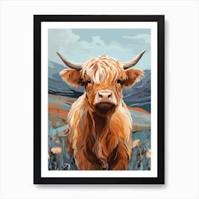 Blue Line Painting Of Highland Cow Art Print