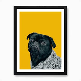 Black Pug Dog On Yellow Background Art Print