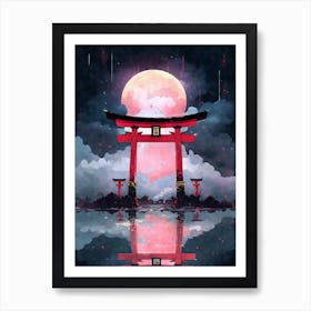 Aesthetic Japanese Shinto Shrine Torii Gate Full Moon Art Print