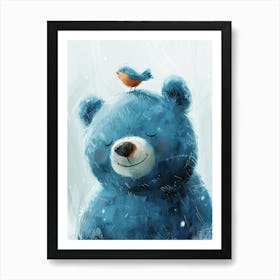 Small Joyful Bear With A Bird On Its Head 17 Art Print