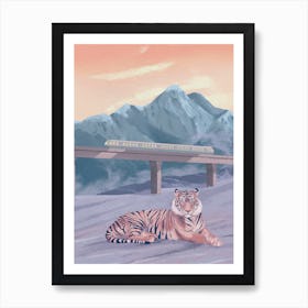Tiger By A Bridge, train, snow, mountain, landscape, illustration, wall art Art Print