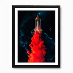 Ink Rocket Takeoff And Blue Clouds Art Print