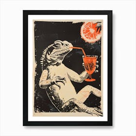 Lizard Drinking A Cocktail Block Print 2 Art Print