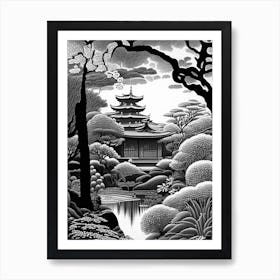 Ryoan Ji Garden, Japan Linocut Black And White Vintage Art Print