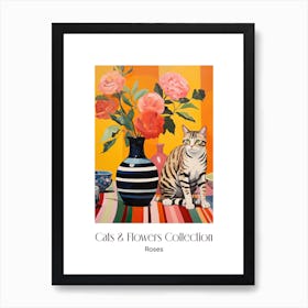 Cats & Flowers Collection Rose Flower Vase And A Cat, A Painting In The Style Of Matisse 1 Art Print