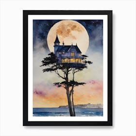 Treehouse ~ Witches Watercolor Mansion Full Moon Witchy Spiritual Pagan Artwork, By The Sea, Manifesting Fairytale Art Print