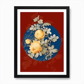 Vintage Botanical Vintage Sulphur Rose on Circle Blue on Red n.0300 Art Print