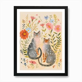 Folksy Floral Animal Drawing Cat 4 Art Print