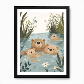 Sloth Bear Family Swimming In A River Storybook Illustration 3 Art Print
