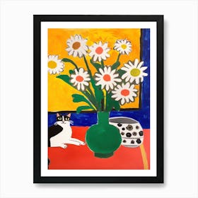 A Painting Of A Still Life Of A Daisies With A Cat In The Style Of Matisse 1 Art Print