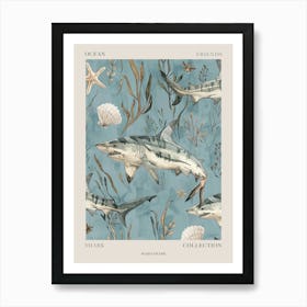 Pastel Blue Mako Shark Watercolour Seascape Pattern 2 Poster Art Print