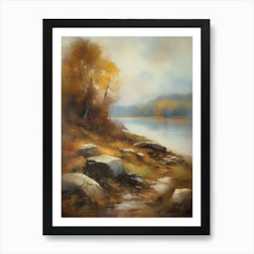 Forest Lake, Autumn Lake, Vintage Oil Painting, Farmhouse Wall Decorations, Antique Landscape, Vintage Landscape Oil Painting.8 Art Print