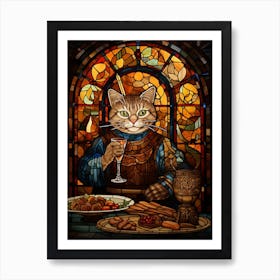 Mosaic Of A Royal Cat Eating A Feast Art Print