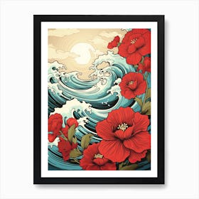Great Wave With Poppy Flower Drawing In The Style Of Ukiyo E 2 Art Print