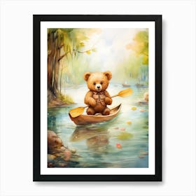 Canoeing Teddy Bear Painting Watercolour 2 Art Print