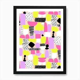 Purple, Pink, Yellow, Peach Paper Cut Out and Doodle Mod Art Collage Art Print