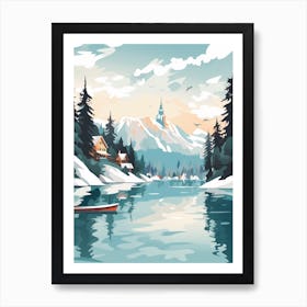 Vintage Winter Travel Illustration Lake Bled Slovenia 2 Art Print