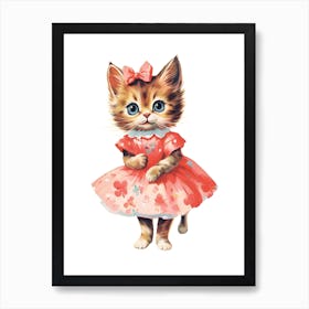 Vintage Cat Wearing A Pink Dress Kitsch Art Print