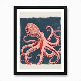Navy Blue & Red Linocut Inspired Octopus 2 Art Print