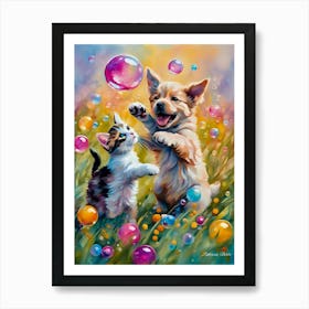 Puppy And Kitten Playing With Bubbles Art Print