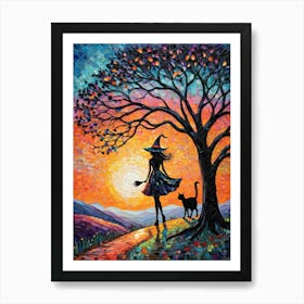 Wonderful Witch - Beautiful Rainbow Mosiac of Whimsical Black Cat Watching the Sun Set Whimsy Kitty Art for Cat Lover, Cat Lady, Chakra Pride Pagan Witch Colorful HD Art Print