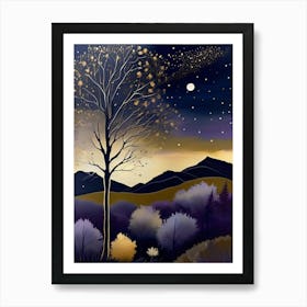 Cosmic Fall Night،
An ethereal boho painting that captures the beauty of a fall night sky. The background is a deep navy, speckled with tiny stars, while the foreground features silhouettes of autumn trees in shades of charcoal and dark olive. The moon is painted in a glowing silver, surrounded by soft wisps of mist in pale gold and lavender.
.3 Art Print