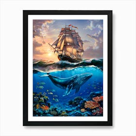 Sailing Ship with Underwater World. Oil Painting #2 Art Print