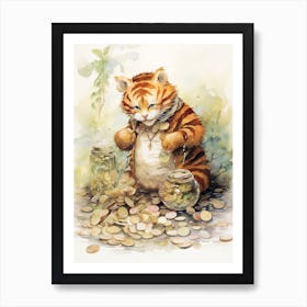 Tiger Illustration Collecting Coins Watercolour 2 Art Print