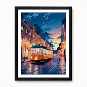 Anime Canvas Art: Vibrant Orange Tram on Curving Tracks at Dusk with Glowing City Windows, Perfect for Lofi Aesthetic and Urban Ambience Fans. Art Print