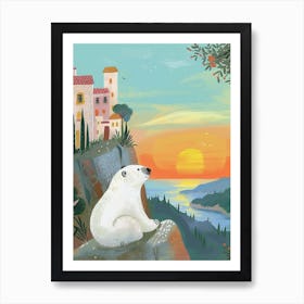 Polar Bear Looking At A Sunset From A Mountaintop Storybook Illustration 1 Art Print