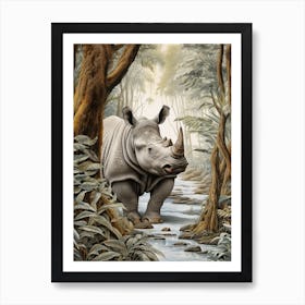 Rhino In The Stream Deep In The Forest Realistic Illustration 1 Art Print