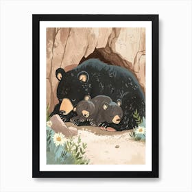 American Black Bear Family Sleeping In A Cave Storybook Illustration 3 Art Print