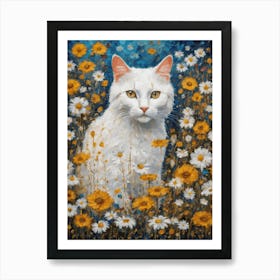 Klimt Style White Cat in Colorful Garden Flowers Meadow Gold Leaf Painting - Gustav Klimt and Monet Inspired Textured Acrylic Palette Knife Art Daisies Poppies Amongst Wildflowers at Night Beautiful HD High Resolution Art Print