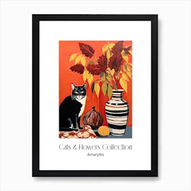 Cats & Flowers Collection Amaryllis Flower Vase And A Cat, A Painting In The Style Of Matisse 0 Art Print