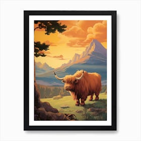 Brown Hairy Highland Cow In The Sunset 2 Art Print