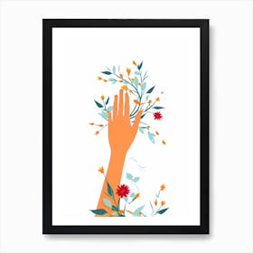 Hand Reaching For Flowers, flower portrait, hand and flowers, orange flowers, flowers and vines, digital art, vector art 1 Art Print