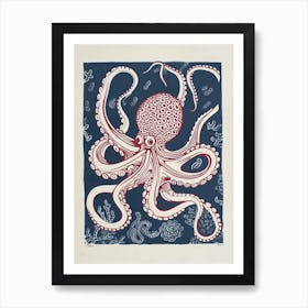 Linocut Inspired Red Octopus With The Coral 3 Art Print