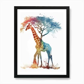 Giraffe Under The Acacia Tree Watercolour 4 Art Print