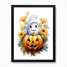 Cute Ghost With Pumpkins Halloween Watercolour 110 Art Print