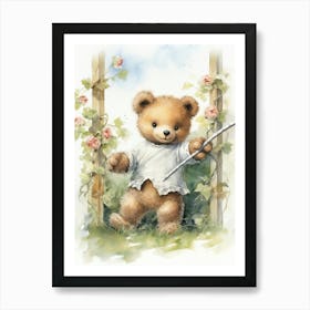 Fencing Teddy Bear Painting Watercolour 1 Art Print