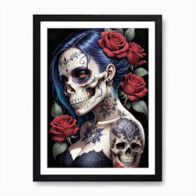 Sugar Skull Girl With Roses Painting (12) Art Print
